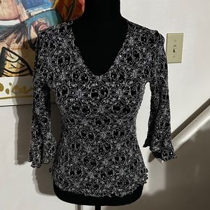 JTB black and white print flower's in rhinestones blouse women's. Size S.